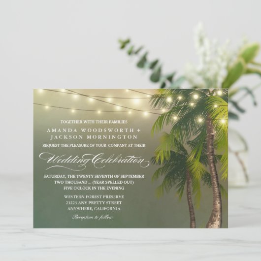 Invitation Plage Lumière Palm Tree Mariage tropical Invitatio (Debout devant)