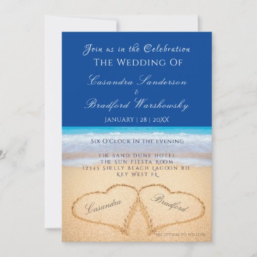 Invitation Plage Mariage 2 Coeurs Mariage de sable foncé bleu (Devant)