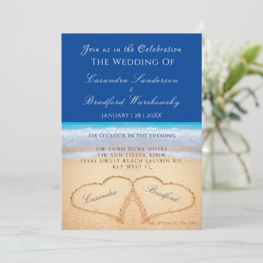 Invitation Plage Mariage 2 Coeurs Mariage de sable foncé bleu (Debout devant)