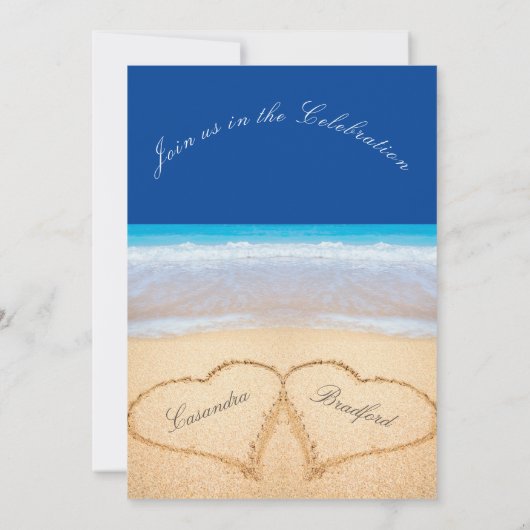 Invitation Plage Mariage 2 Coeurs Mariage de sable foncé bleu (Dos)