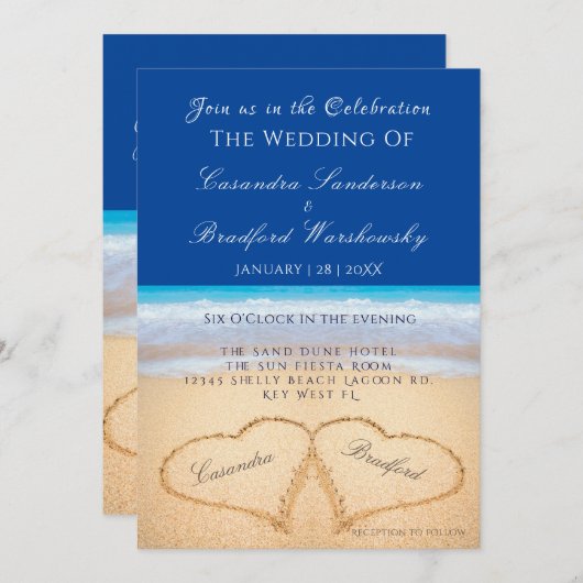 Invitation Plage Mariage 2 Coeurs Mariage de sable foncé bleu (Devant / Derrière)