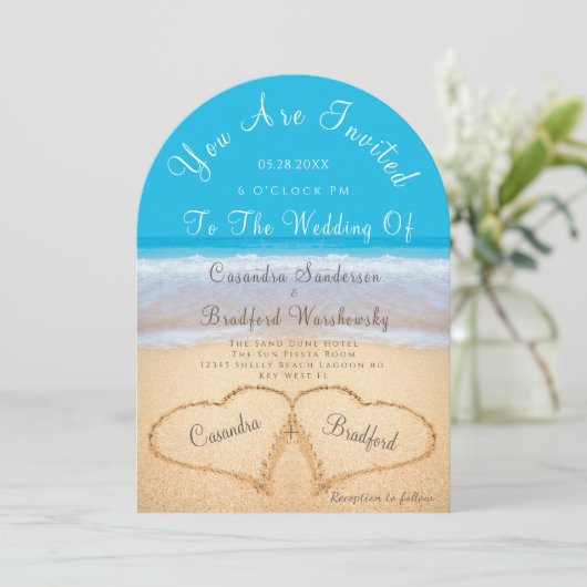 Invitation Plage Mariage 2 Coeurs Mariage de sable Ocean Blue (Debout devant)