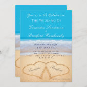 Invitation Plage Mariage 2 Coeurs Mariage de sable Ocean Blue (Devant / Derrière)