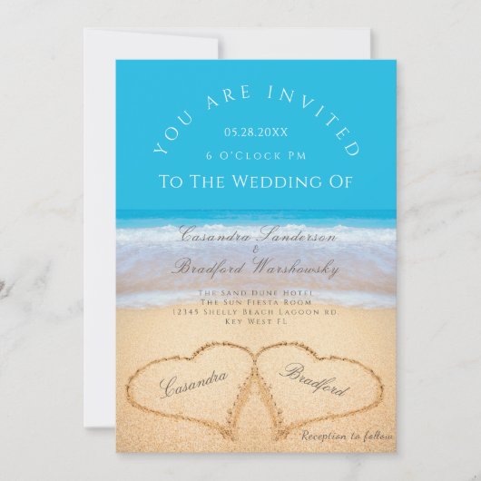 Invitation Plage Mariage 2 Coeurs Mariage de sable Ocean Blue (Devant)