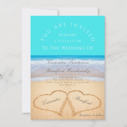 Invitation Plage Mariage 2 Coeurs Mariage de sable Turquoise  (Devant)