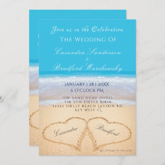 Invitation Plage Mariage 2 Coeurs Sable Mariage Océan Bleu (Devant / Derrière)