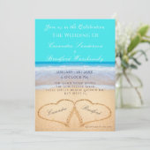 Invitation Plage Mariage 2 Coeurs Sable Turquoise bleu (Debout devant)