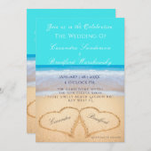 Invitation Plage Mariage 2 Coeurs Sable Turquoise bleu (Devant / Derrière)