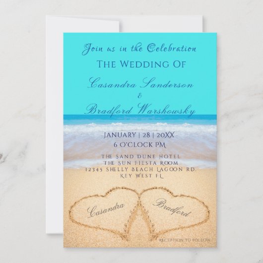 Invitation Plage Mariage 2 Coeurs Sable Turquoise Bleu Invita (Devant)