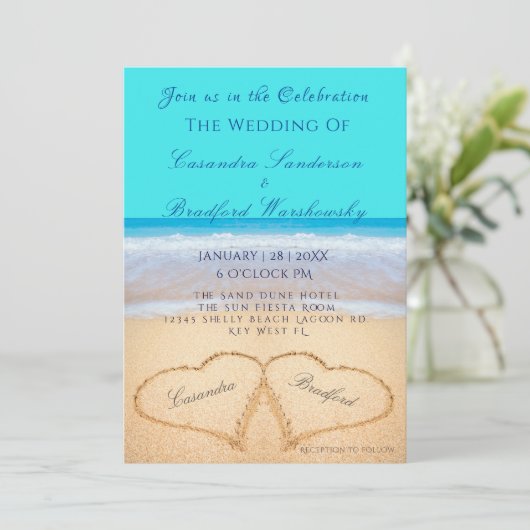 Invitation Plage Mariage 2 Coeurs Sable Turquoise Bleu Invita (Debout devant)