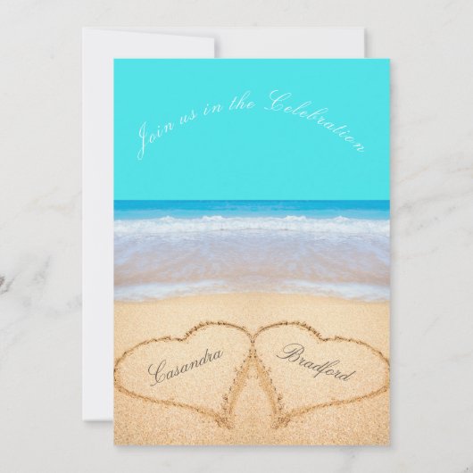 Invitation Plage Mariage 2 Coeurs Sable Turquoise Bleu Invita (Dos)