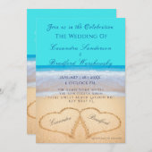Invitation Plage Mariage 2 Coeurs Sable Turquoise Bleu Invita (Devant / Derrière)
