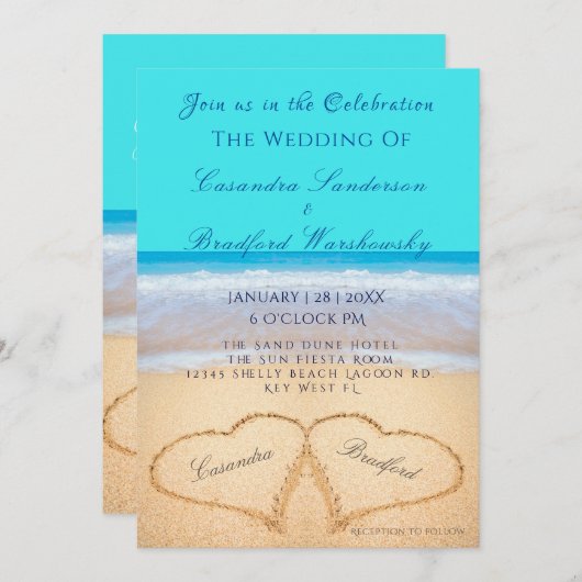 Invitation Plage Mariage 2 Coeurs Sable Turquoise Bleu Invita (Devant / Derrière)