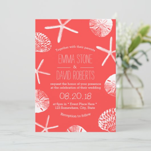 Invitation Plage Mariage Corail Rouge Starfish & Seashells (Debout devant)