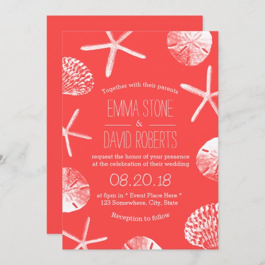 Invitation Plage Mariage Corail Rouge Starfish & Seashells (Devant / Derrière)