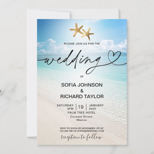 Invitation plage mariage destination tropical étoile mer (Devant)