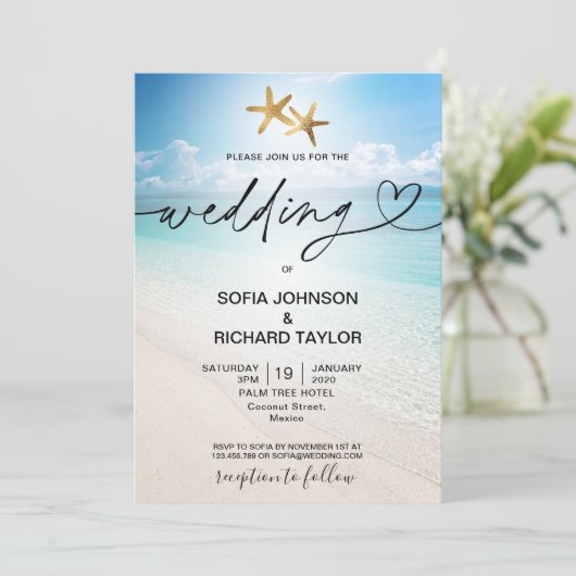 Invitation plage mariage destination tropical étoile mer (Debout devant)