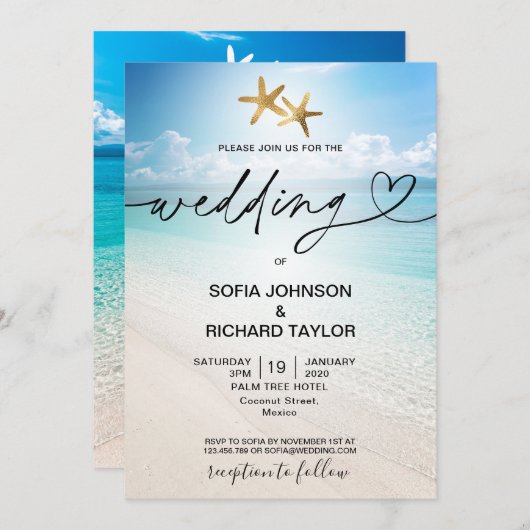 Invitation plage mariage destination tropical étoile mer (Devant / Derrière)