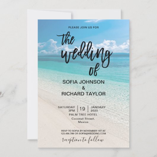 Invitation plage mariage destination tropicale été mer invi (Devant)