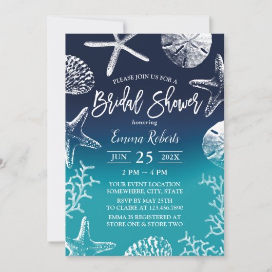 Invitation Plage Mariage Ocean Blue Seashells Fête des mariée (Devant)