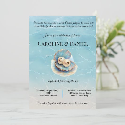 Invitation Plage Mariage Pearls Shell Elégant thème Océan (Debout devant)