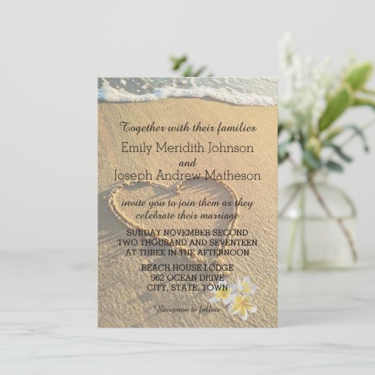 Invitation Plage Mariage Plumeria / Frangipani Sable et mer (Debout devant)