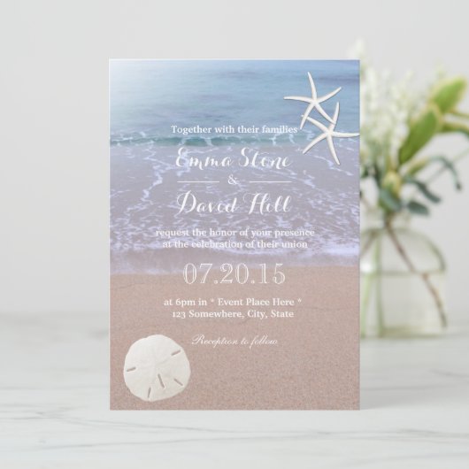 Invitation Plage Mariage Sable Dollar & Starfish (Debout devant)