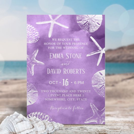 Invitation Plage Mariage Starfish Coquillage d'eau violet