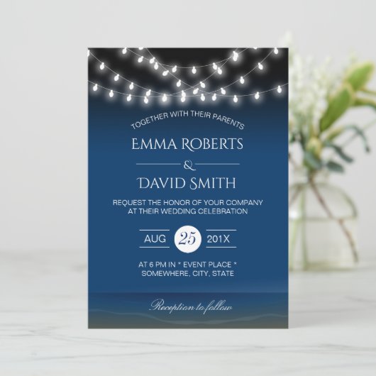 Invitation Plage Mariage String Lumières Été Nuit Breeze (Debout devant)
