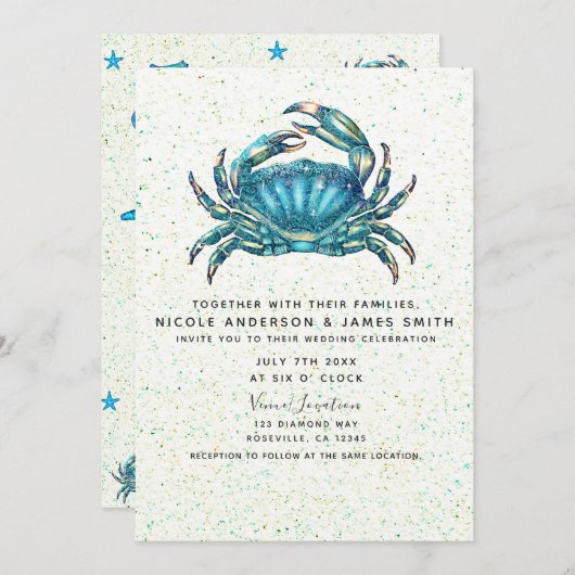 Invitation Plage moderne Crabe bleu Starfish Mariage hippocam (Devant / Derrière)
