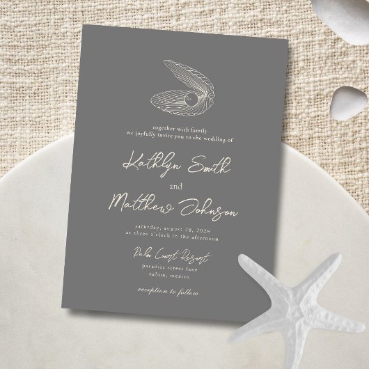 Invitation Plage moderne gris foncé Shell Destination Mariage