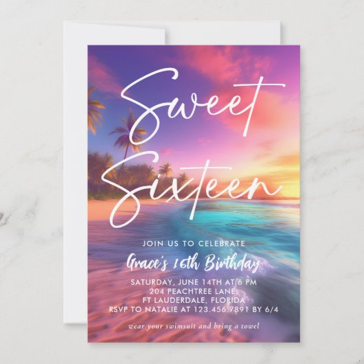 Invitation Plage moderne Sunset Sweet 16 (Devant)
