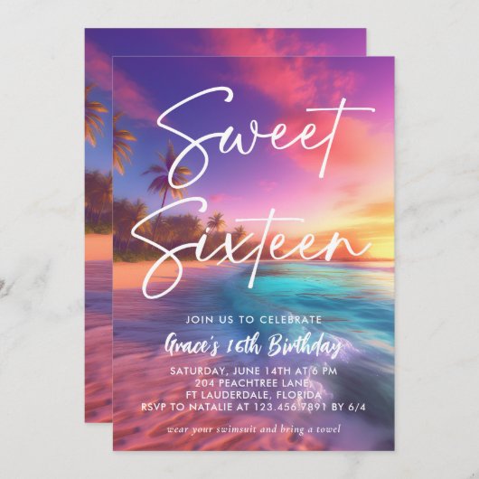 Invitation Plage moderne Sunset Sweet 16 (Devant / Derrière)