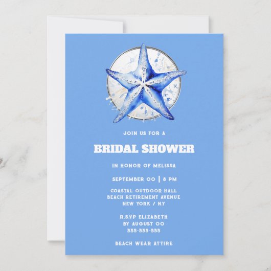 Invitation Plage nuptiale bleu étoile blanc argenté (Devant)