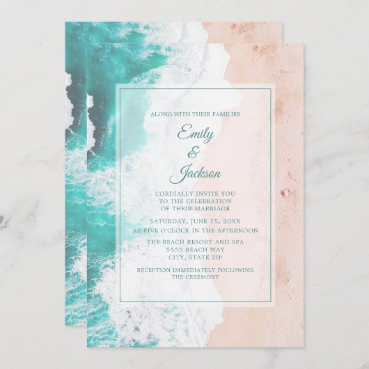 Invitation Plage Océan Tropical Turquoise Blanc Brown Mariage (Devant / Derrière)