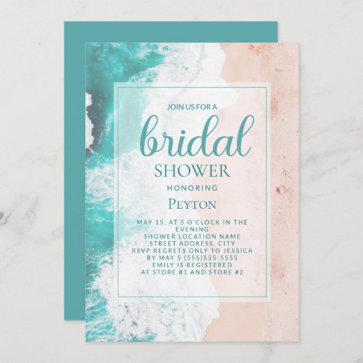 Invitation Plage Océan Turquoise Tan Fête des mariées côtière (Devant / Derrière)