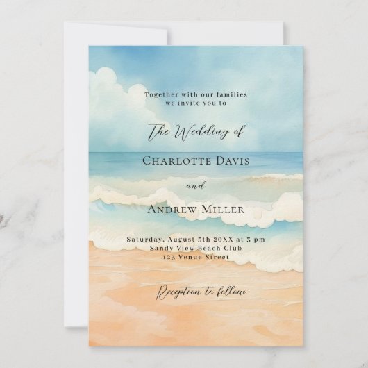 Invitation Plage océan vagues bleu beige luxe mariage (Devant)