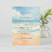 Invitation Plage océan vagues bleu beige luxe mariage (Debout devant)