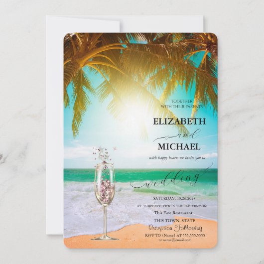 Invitation Plage, Palm, Soleil, Éclairage à cordes, Mariage d (Devant)