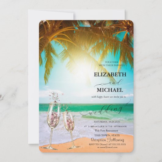 Invitation Plage, Palm, Soleil, Lumières, Mariage de script d (Devant)