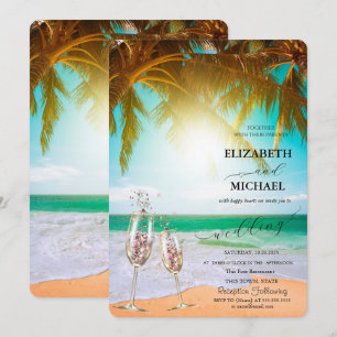 Invitation Plage,Palmiers,Soleil,Lumières,Mariage Script Poli