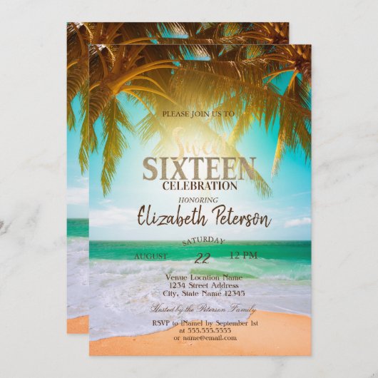 Invitation Plage Palms Summer Sweet 16 Party (Devant / Derrière)