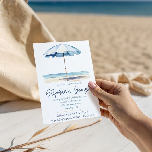 Invitation Plage, Parasol Bleu et Blanc, Réception de Mariage