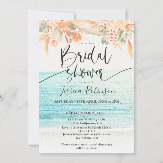 Invitation Plage photo aquarelle fleurie boho nuptiale (Devant)