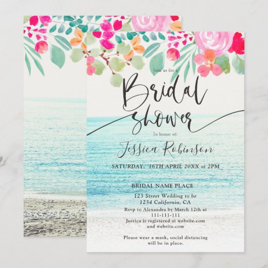 Invitation Plage photo rose floral aquarelle nuptiale (Devant / Derrière)