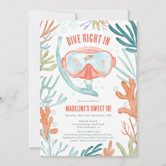 Invitation Plage Plage Plongée aquarelle mer vie douce 16 (Devant)