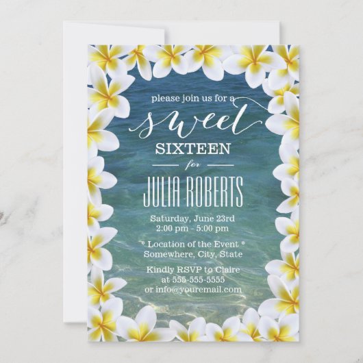 Invitation Plage Plumeria Tropical Flowers Sweet 16 (Devant)