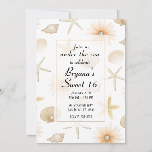 Invitation Plage Poche Coquillages & Fleurs Moderne Sweet 16 (Devant)