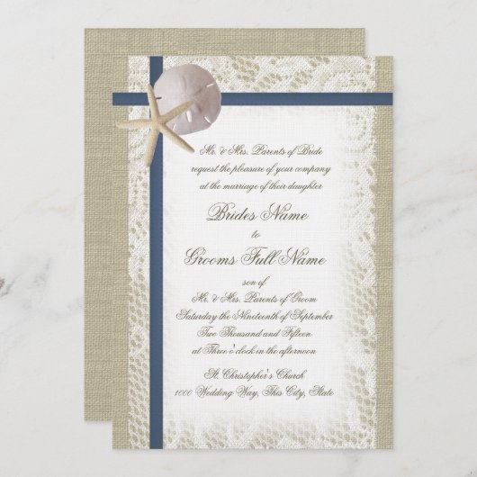 Invitation Plage romantique Burlap et dentelle Marine Bleu (Devant / Derrière)
