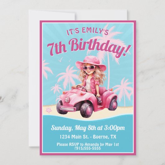 Invitation Plage rose convertible Anniversaire (Devant)